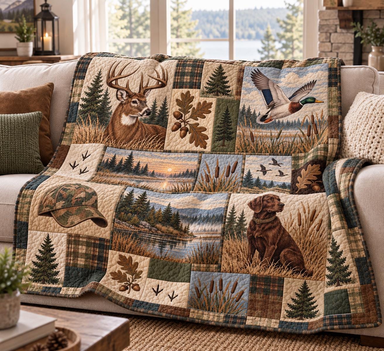 Hunting Blanket and Deer Duck Dog Outdoor Blanket – Rustic Cabin Bedding and Hunter Gift for Men with Quilted Style Woodland Throw - photo 2