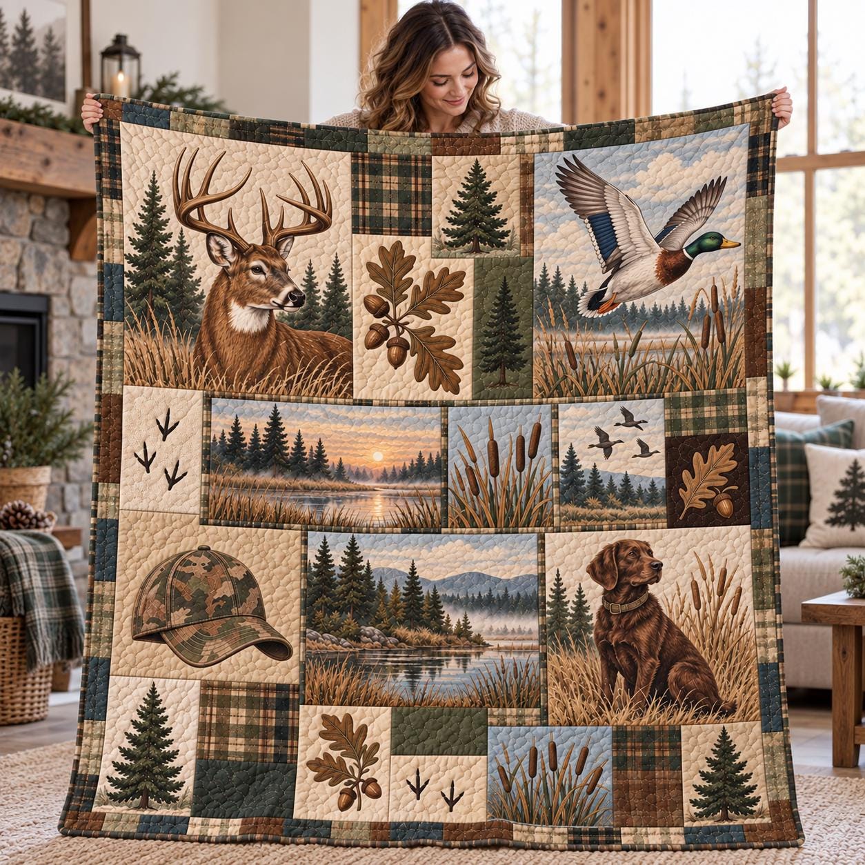 Hunting Blanket and Deer Duck Dog Outdoor Blanket – Rustic Cabin Bedding and Hunter Gift for Men with Quilted Style Woodland Throw - photo 3