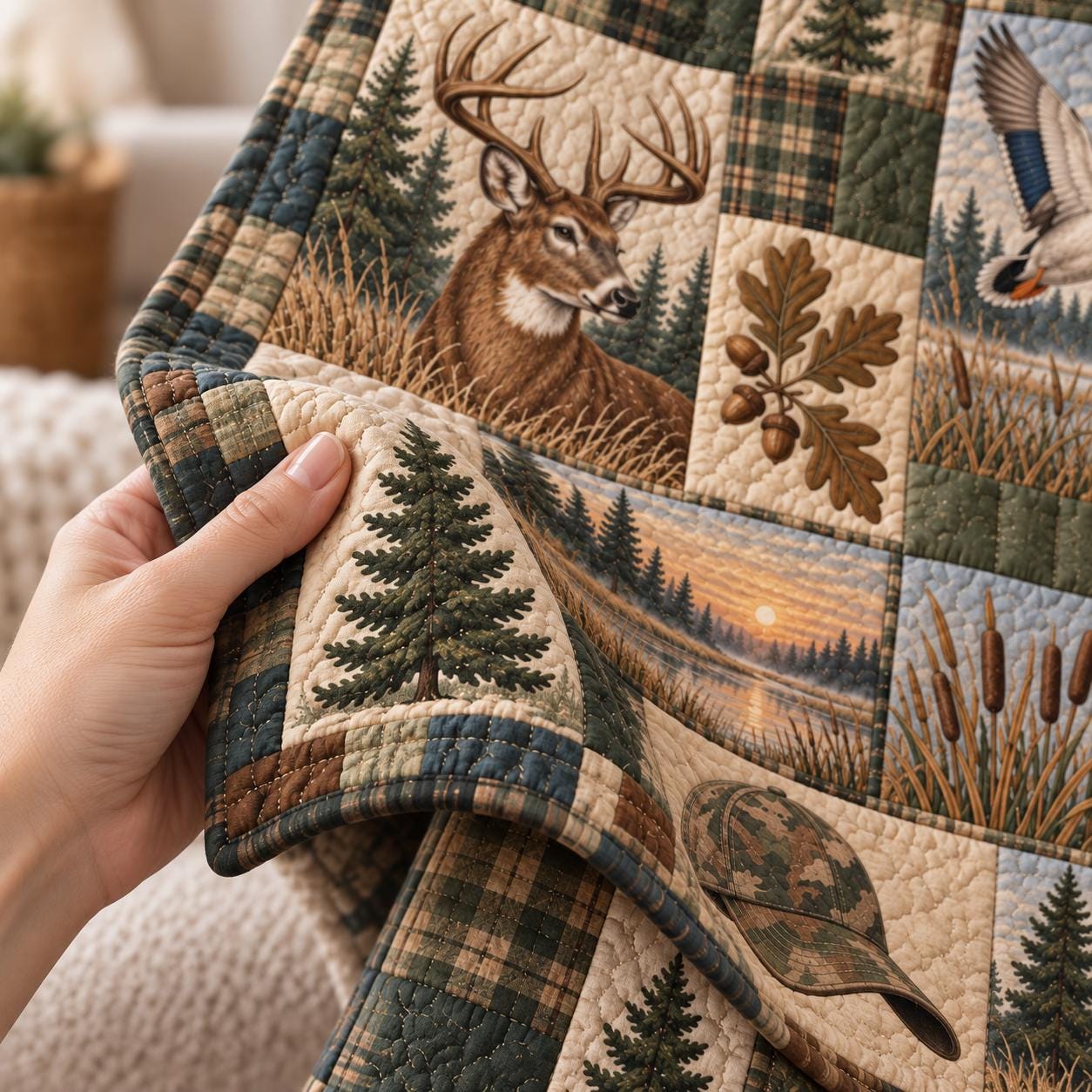 Hunting Blanket and Deer Duck Dog Outdoor Blanket – Rustic Cabin Bedding and Hunter Gift for Men with Quilted Style Woodland Throw - photo 6