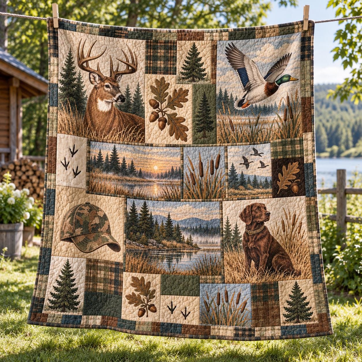Hunting Blanket and Deer Duck Dog Outdoor Blanket – Rustic Cabin Bedding and Hunter Gift for Men with Quilted Style Woodland Throw - photo 7