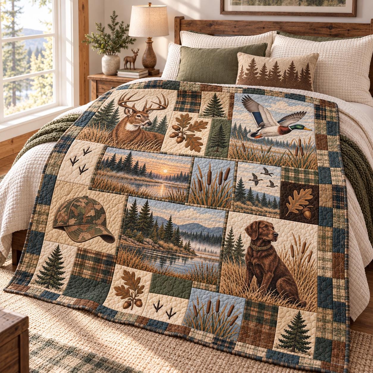 Hunting Blanket and Deer Duck Dog Outdoor Blanket – Rustic Cabin Bedding and Hunter Gift for Men with Quilted Style Woodland Throw - photo 8