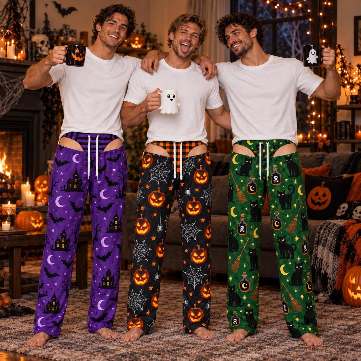 Funny Spooky Pumpkin and Black Cat Halloween Pajama Pants for Men – Cheeky Butt Cutout Costume PJs, Adult Party Gift