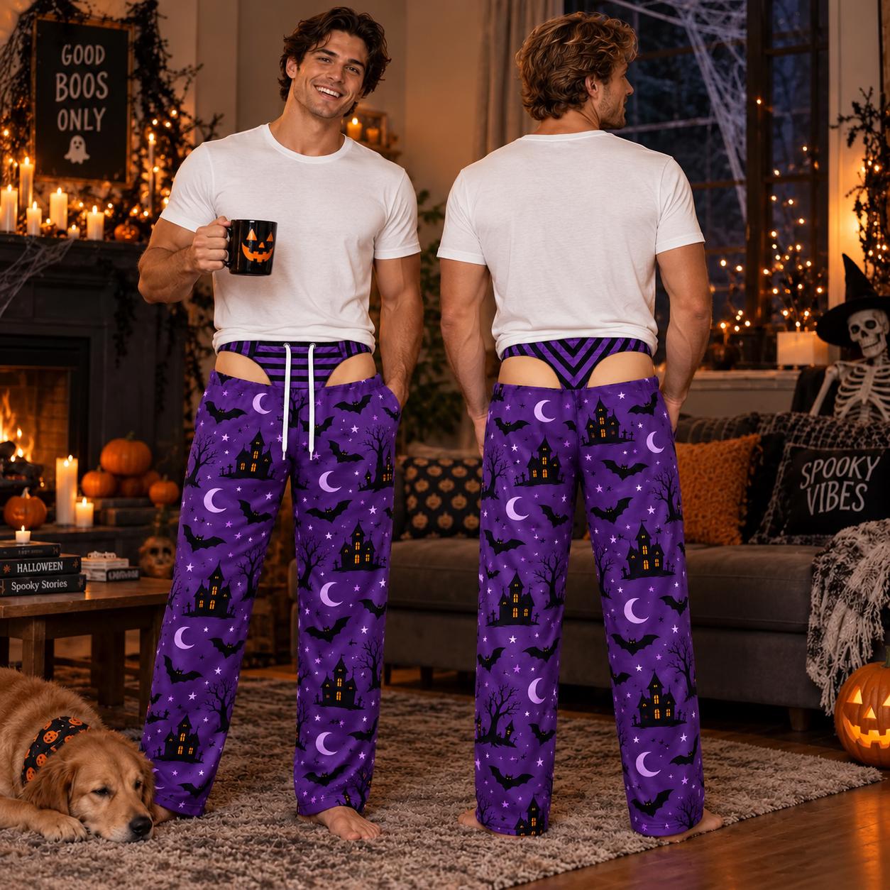 Funny Spooky Pumpkin and Black Cat Halloween Pajama Pants for Men – Cheeky Butt Cutout Costume PJs, Adult Party Gift - photo 6