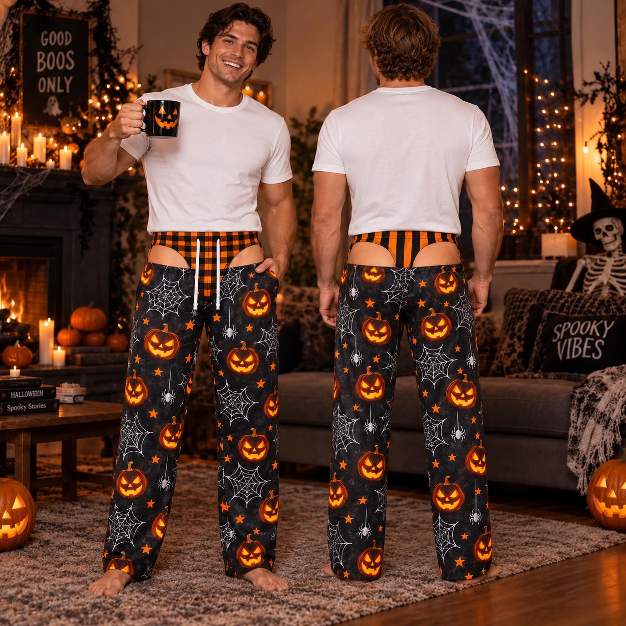 Funny Spooky Pumpkin and Black Cat Halloween Pajama Pants for Men – Cheeky Butt Cutout Costume PJs, Adult Party Gift - photo 7