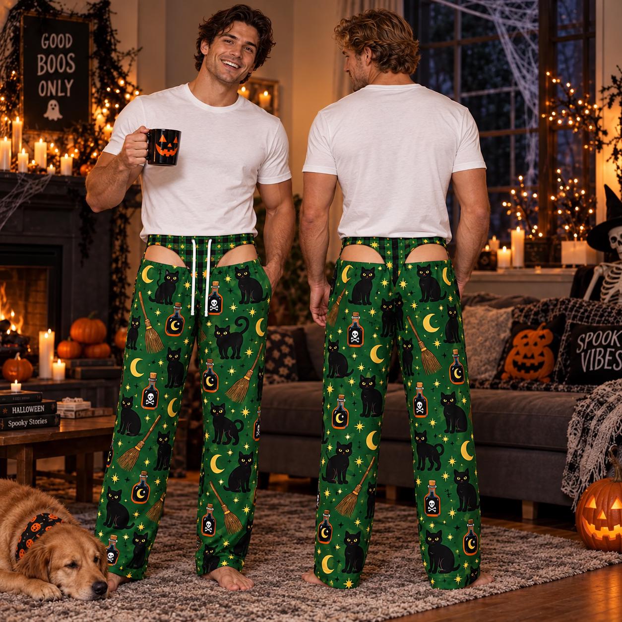 Funny Spooky Pumpkin and Black Cat Halloween Pajama Pants for Men – Cheeky Butt Cutout Costume PJs, Adult Party Gift - photo 8