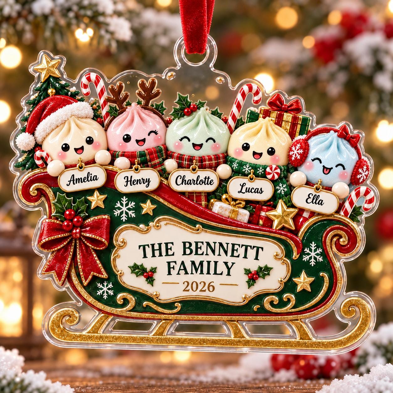 Personalized Family Acrylic Ornament with Snowman Sleigh and 2026 Custom Names Keepsake for Christmas Tree Gift