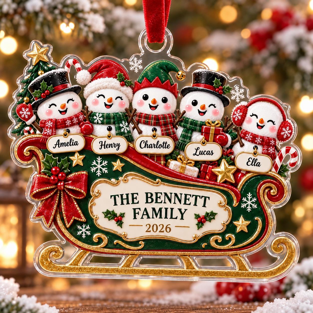Personalized Family Acrylic Ornament with Snowman Sleigh and 2026 Custom Names Keepsake for Christmas Tree Gift - photo 2