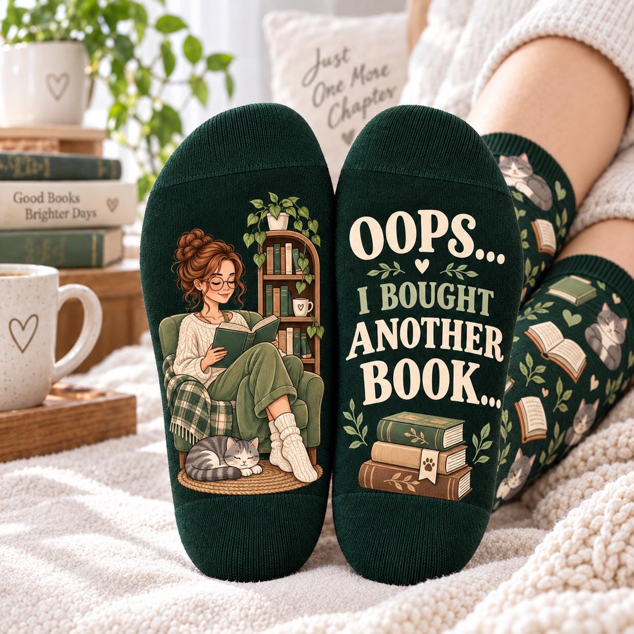 Book Lover Cat Socks and Oops I Bought Another Book Reading Socks β Cozy Cat Reader Gift with Funny Bookish Gift for Women