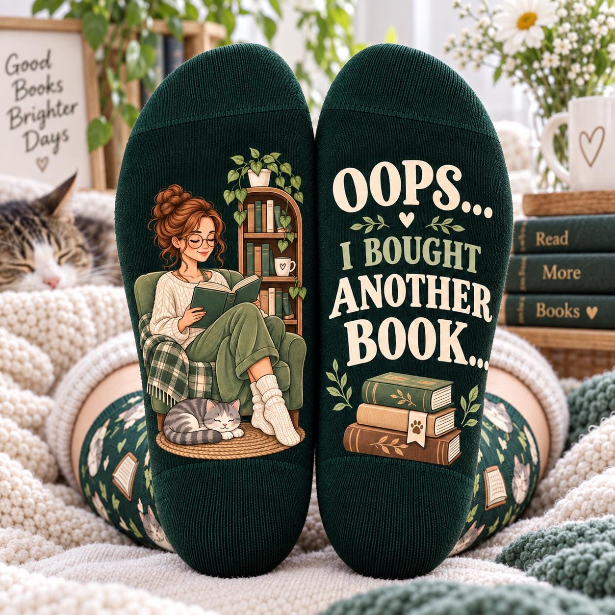 Book Lover Cat Socks and Oops I Bought Another Book Reading Socks – Cozy Cat Reader Gift with Funny Bookish Gift for Women - photo 2