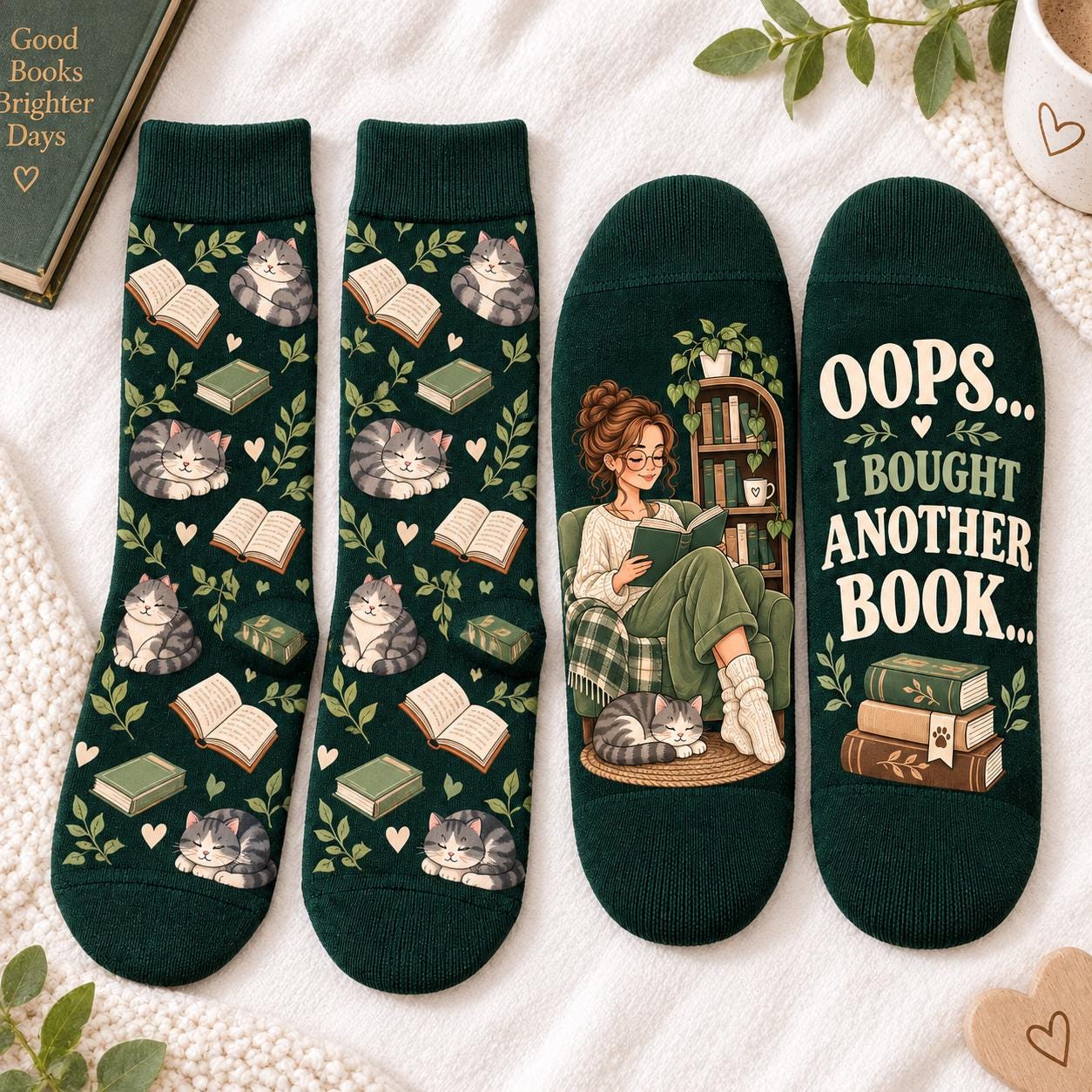 Book Lover Cat Socks and Oops I Bought Another Book Reading Socks – Cozy Cat Reader Gift with Funny Bookish Gift for Women - photo 3