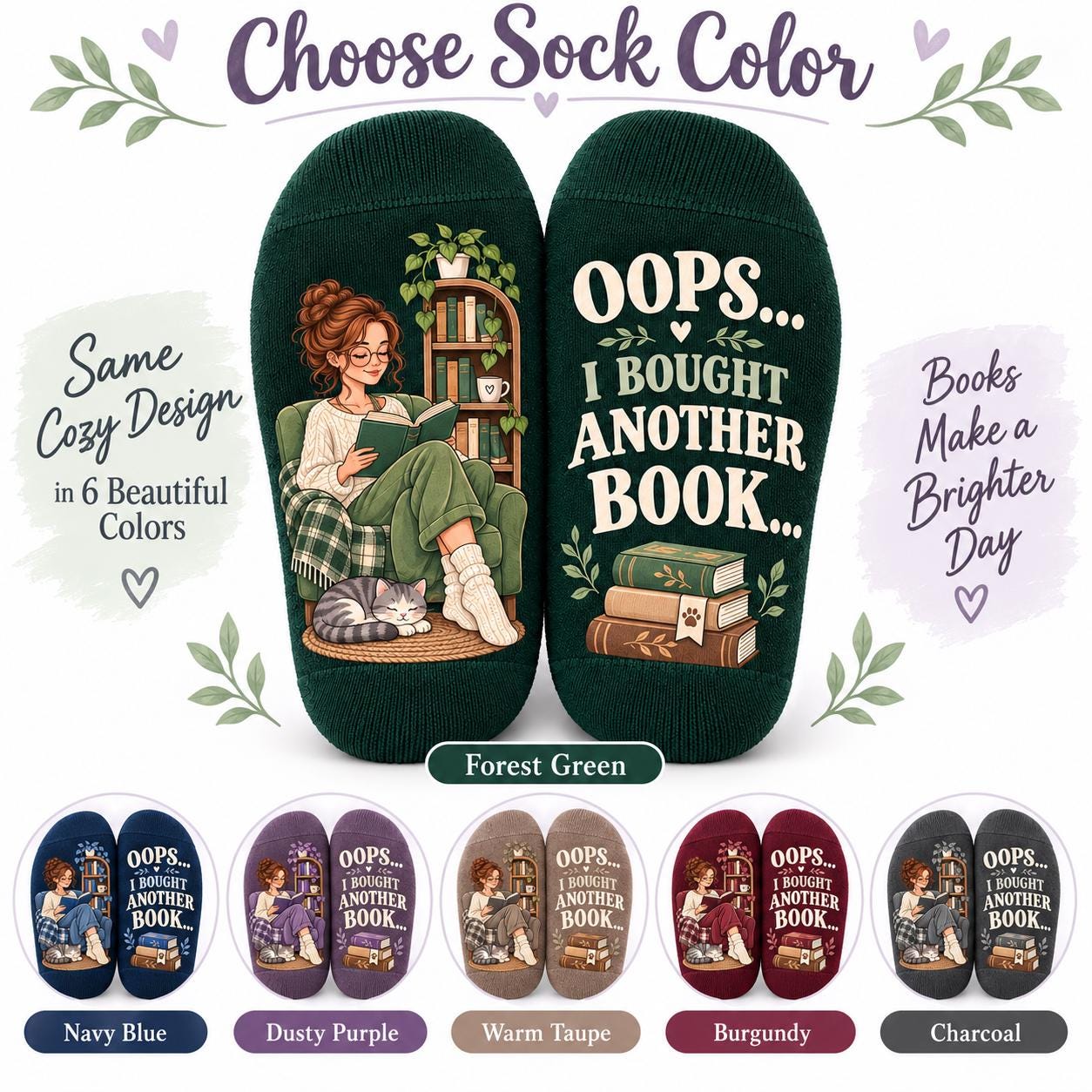 Book Lover Cat Socks and Oops I Bought Another Book Reading Socks – Cozy Cat Reader Gift with Funny Bookish Gift for Women - photo 4