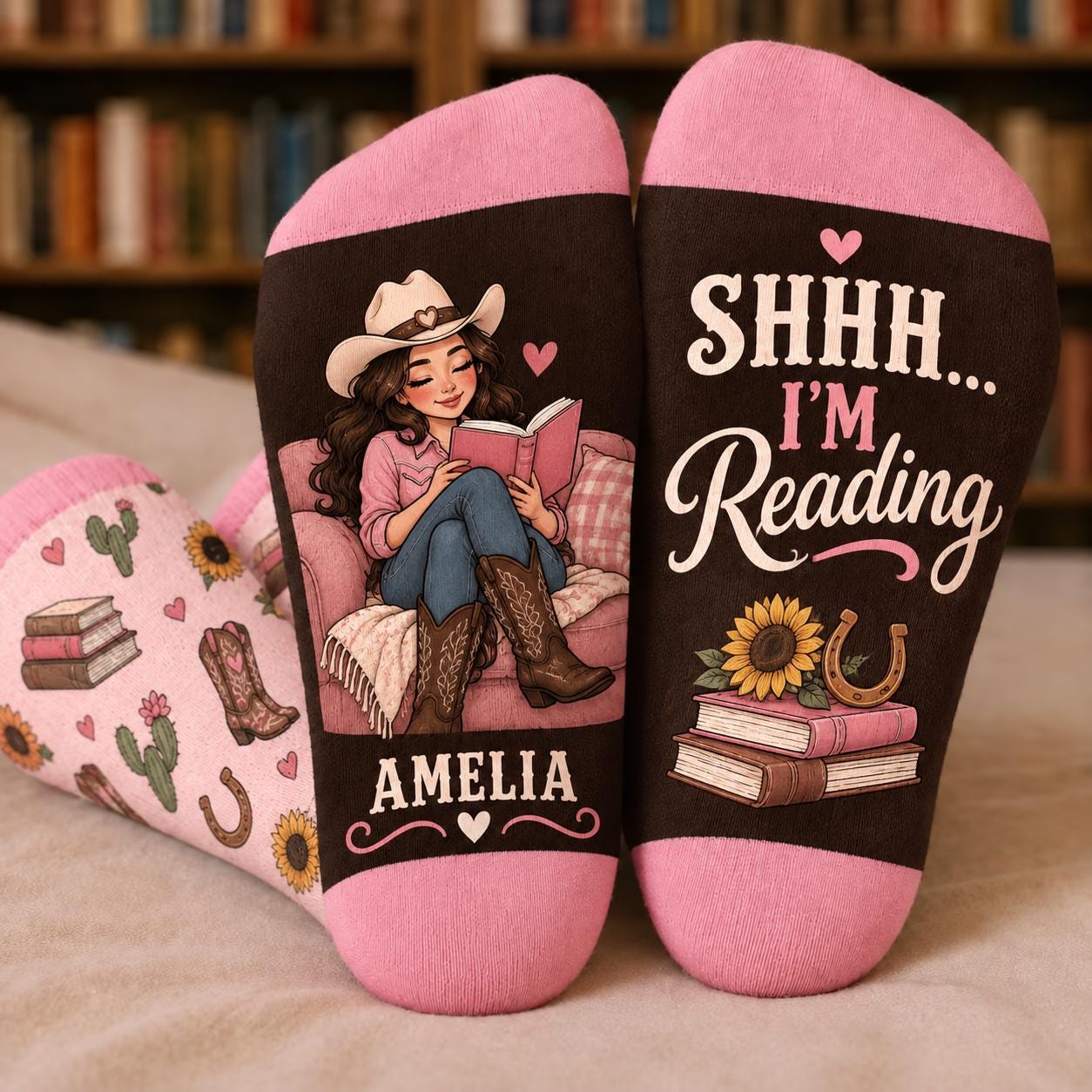 Personalized Cowgirl Book Lover Socks with Shhh I Am Reading Socks Name Western Reader Gift Bookish Women M