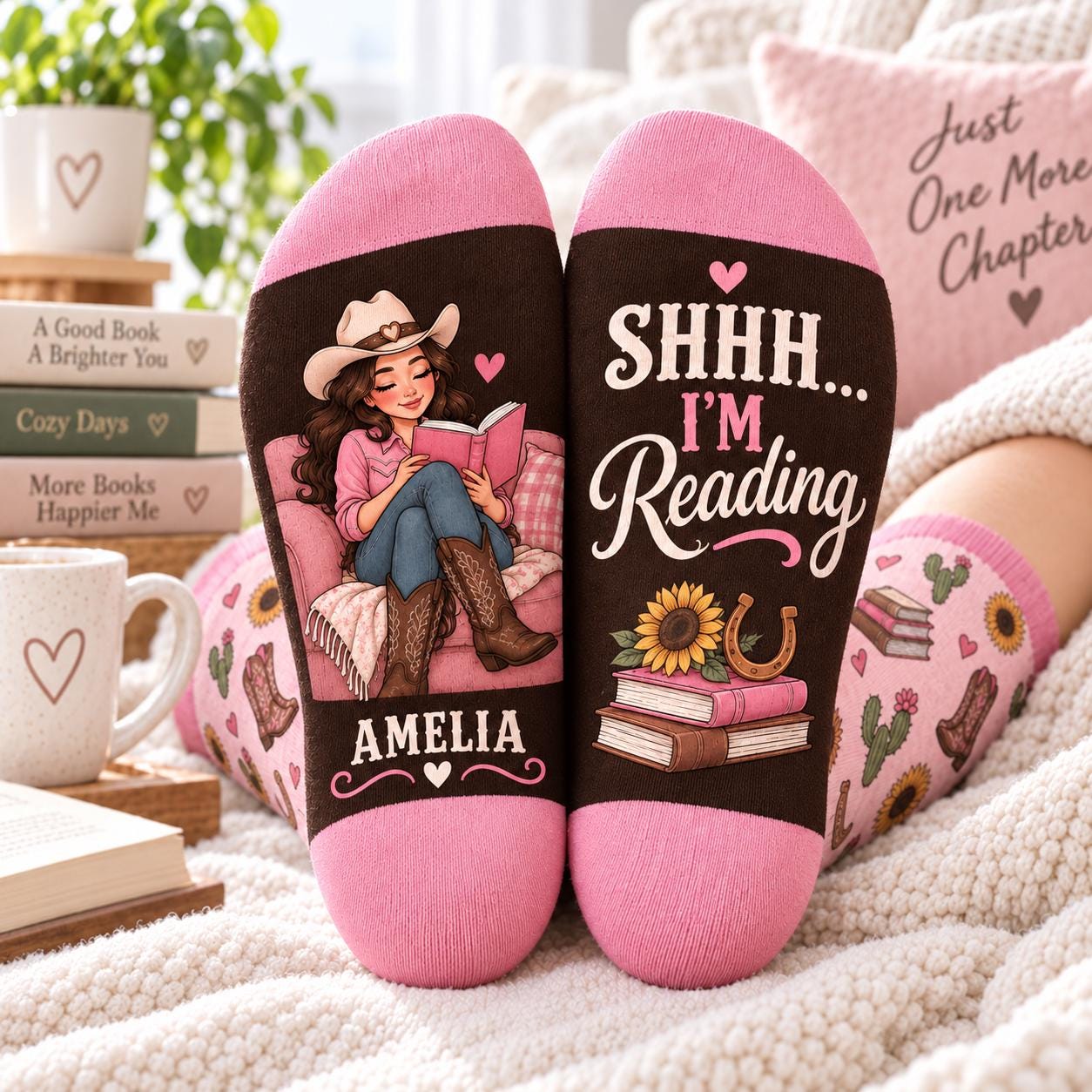 Personalized Cowgirl Book Lover Socks with Shhh I Am Reading Socks Name Western Reader Gift Bookish Women M - photo 2