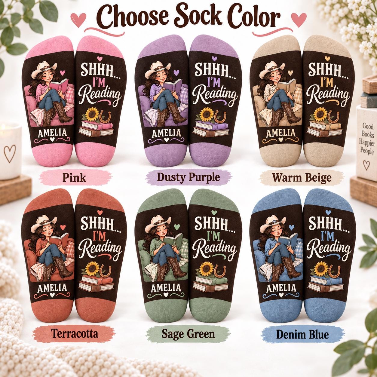Personalized Cowgirl Book Lover Socks with Shhh I Am Reading Socks Name Western Reader Gift Bookish Women M - photo 4