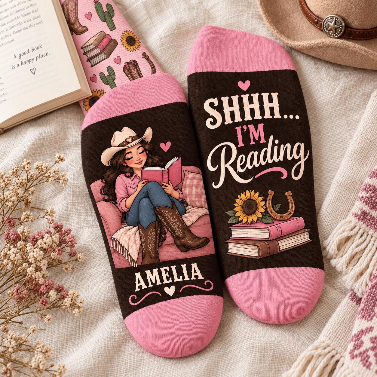 Personalized Cowgirl Book Lover Socks with Shhh I Am Reading Socks Name Western Reader Gift Bookish Women M - photo 5
