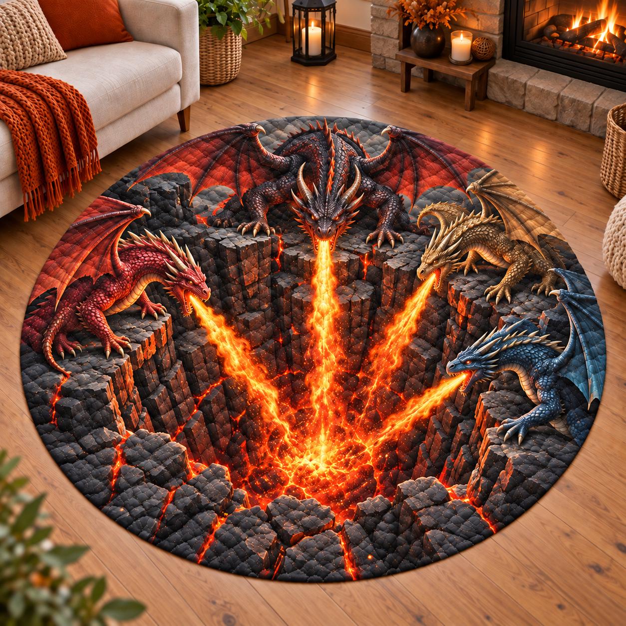 Fantasy Fire Breathing Lava Dragon 3D Illusion Round Rug – Quilted Floor Mat for Gamer Room Decor Gift