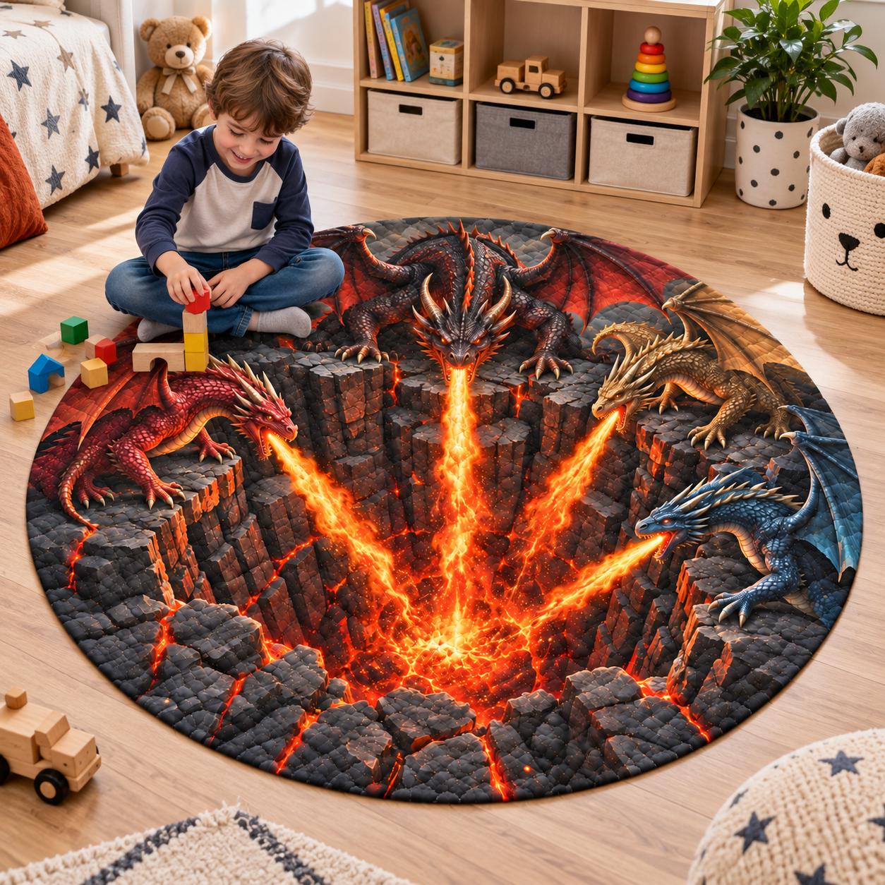 Fantasy Fire Breathing Lava Dragon 3D Illusion Round Rug – Quilted Floor Mat for Gamer Room Decor Gift - photo 2