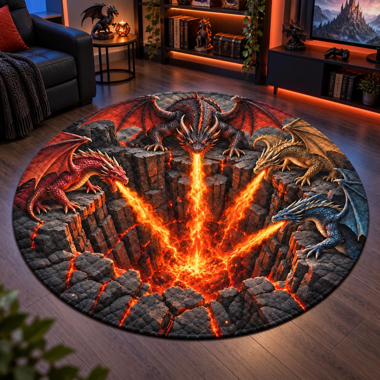 Fantasy Fire Breathing Lava Dragon 3D Illusion Round Rug – Quilted Floor Mat for Gamer Room Decor Gift - photo 5