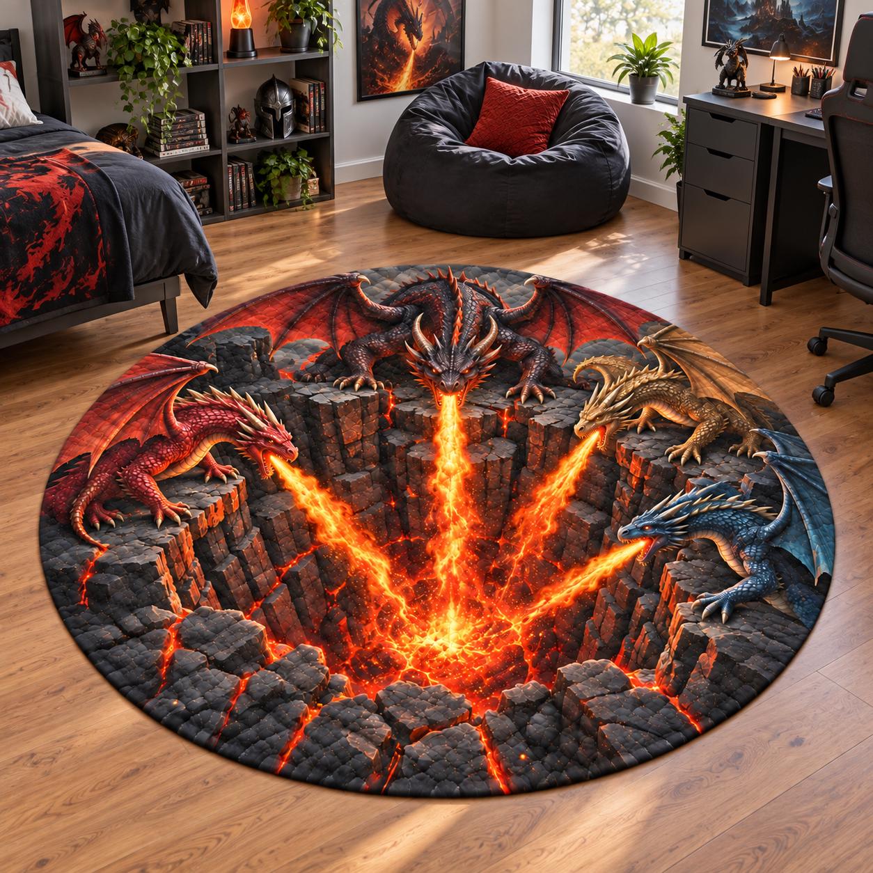 Fantasy Fire Breathing Lava Dragon 3D Illusion Round Rug – Quilted Floor Mat for Gamer Room Decor Gift - photo 6