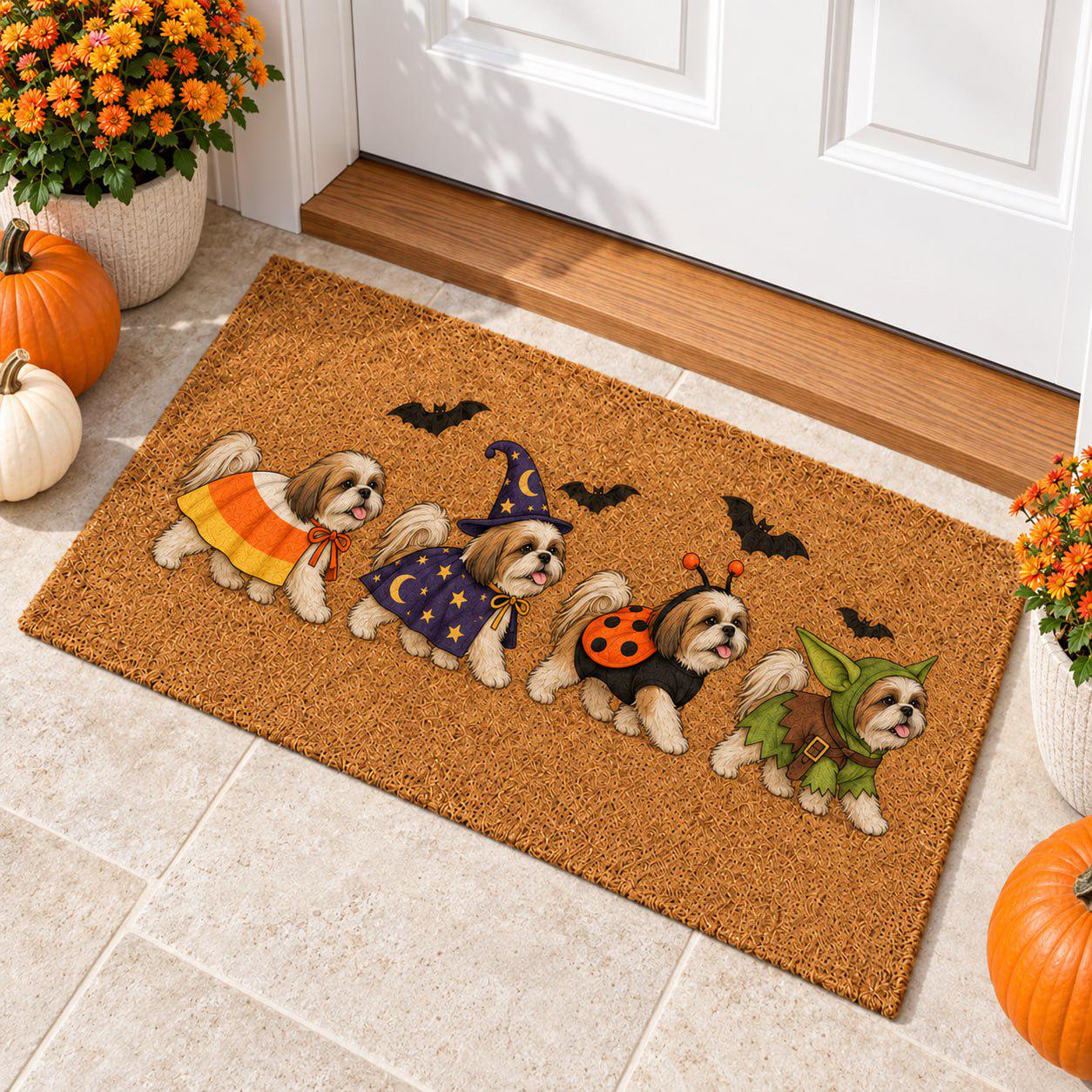 Cute Shih Tzu Costume Coir Doormat for Halloween – Dog Welcome Mat with Candy Corn, Witch, Ladybug, and Goblin Porch Decor for Dog Lover Gift