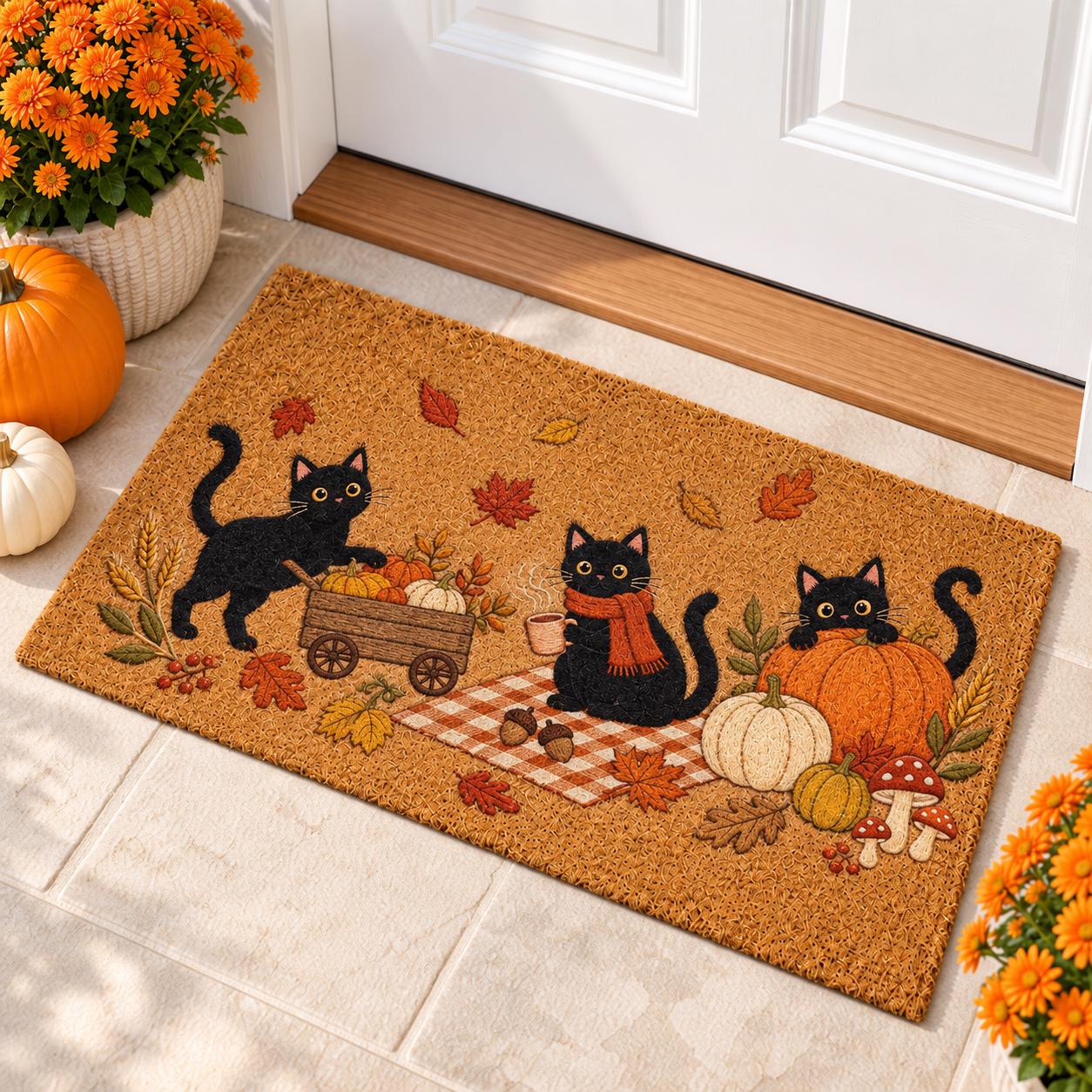 Cute Black Cat Autumn Pumpkin Welcome Doormat – Cozy Thanksgiving Fall Porch Decor and Halloween Entryway Door Mat Rug