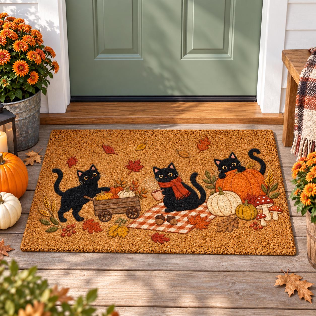 Cute Black Cat Autumn Pumpkin Welcome Doormat – Cozy Thanksgiving Fall Porch Decor and Halloween Entryway Door Mat Rug - photo 2
