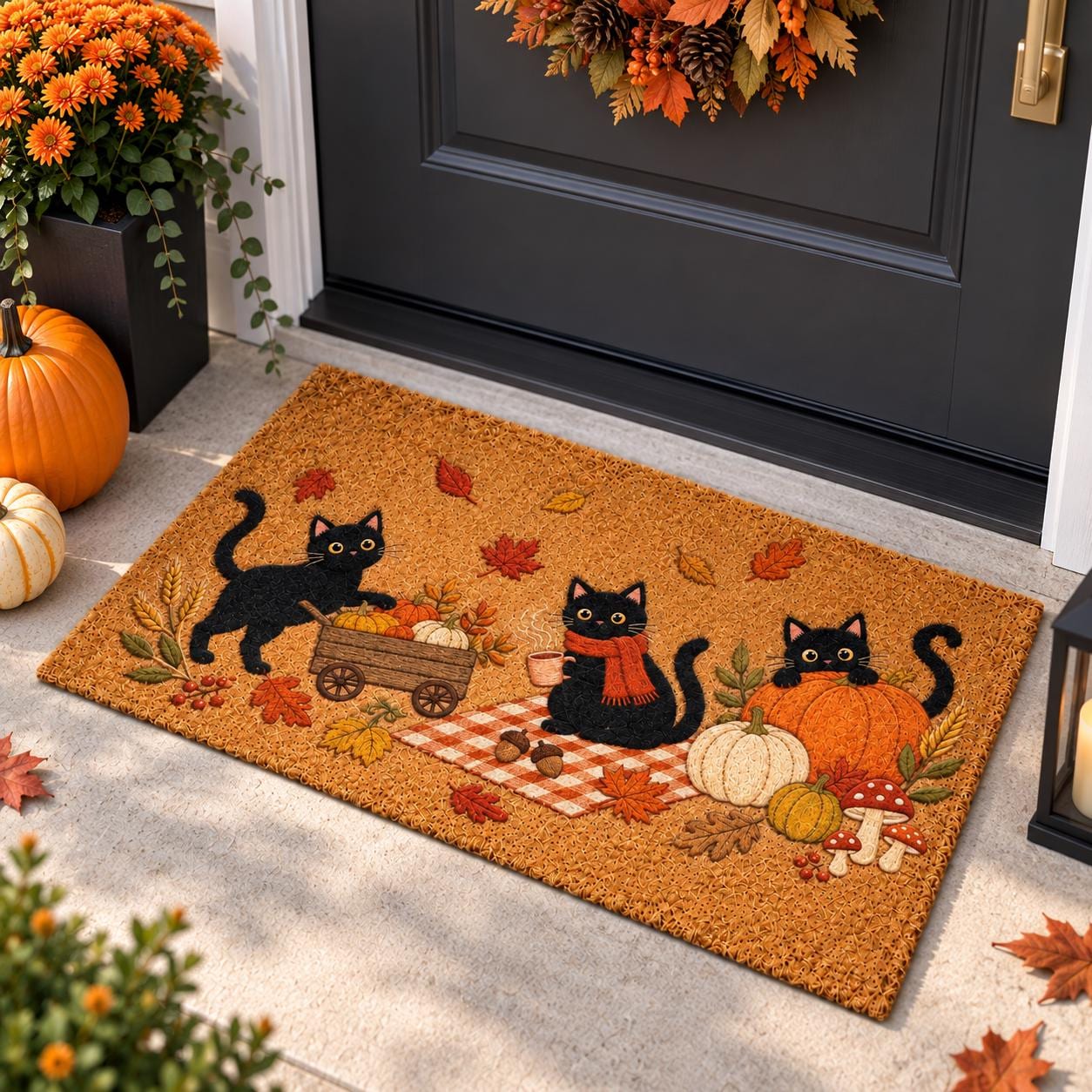 Cute Black Cat Autumn Pumpkin Welcome Doormat – Cozy Thanksgiving Fall Porch Decor and Halloween Entryway Door Mat Rug - photo 3