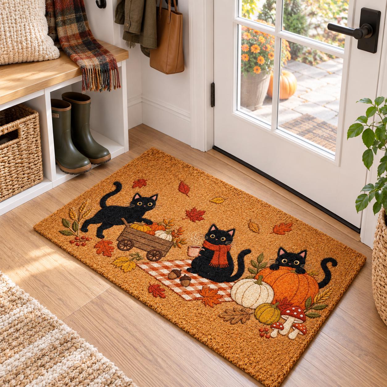 Cute Black Cat Autumn Pumpkin Welcome Doormat – Cozy Thanksgiving Fall Porch Decor and Halloween Entryway Door Mat Rug - photo 5