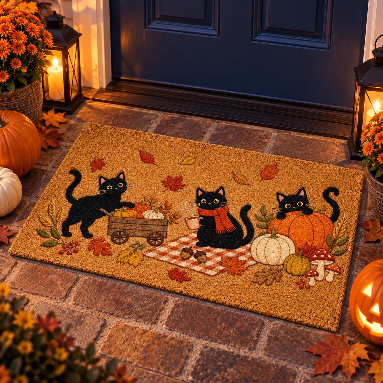 Cute Black Cat Autumn Pumpkin Welcome Doormat – Cozy Thanksgiving Fall Porch Decor and Halloween Entryway Door Mat Rug - photo 6