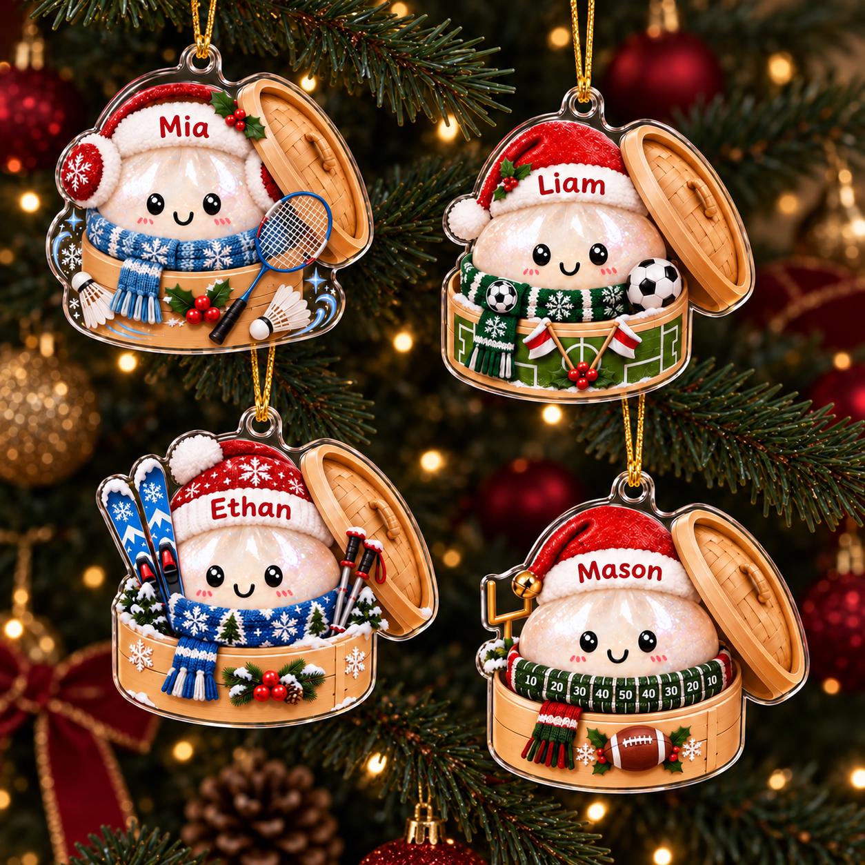 Personalized Dumpling Sports Acrylic Christmas Ornament with Custom Name – Soccer, Football, and Ski Athlete Holiday Gift