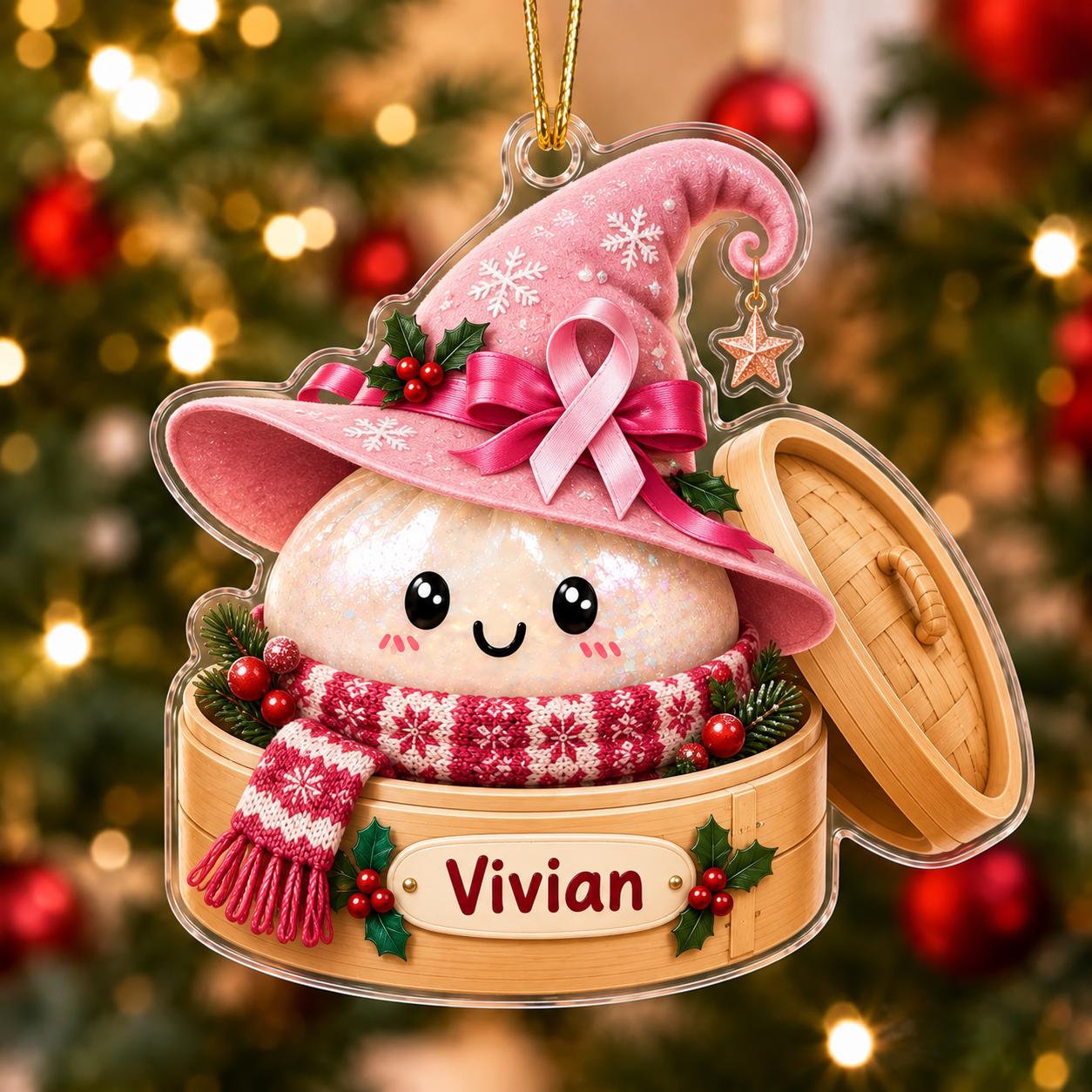 Personalized Pink Ribbon Breast Cancer Support Acrylic Christmas Ornament Keepsake with Custom Name for Survivor Gift