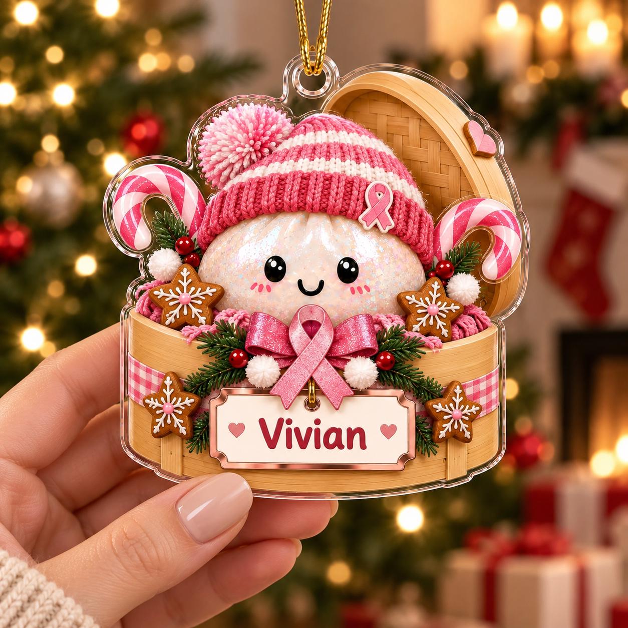 Personalized Pink Ribbon Breast Cancer Support Acrylic Christmas Ornament Keepsake with Custom Name for Survivor Gift - photo 2