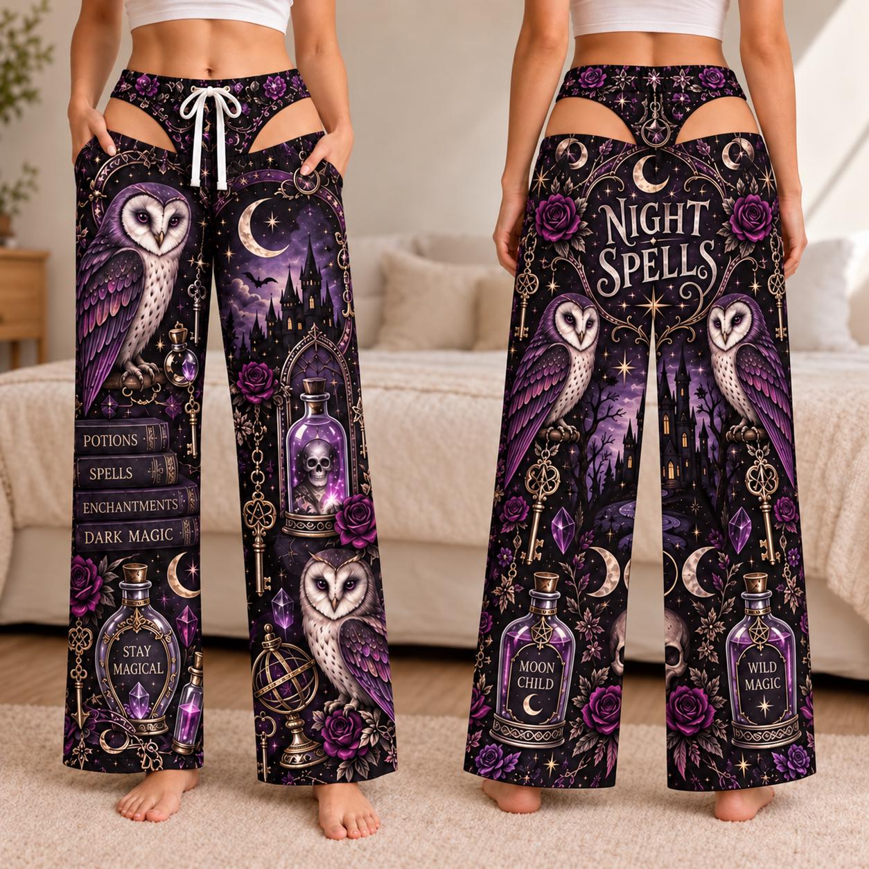 Spooky Witchy Halloween Pajama Pants for Women – Cute Gothic Pajamas Wide Leg Lounge Bottoms and Gift for Her - photo 3
