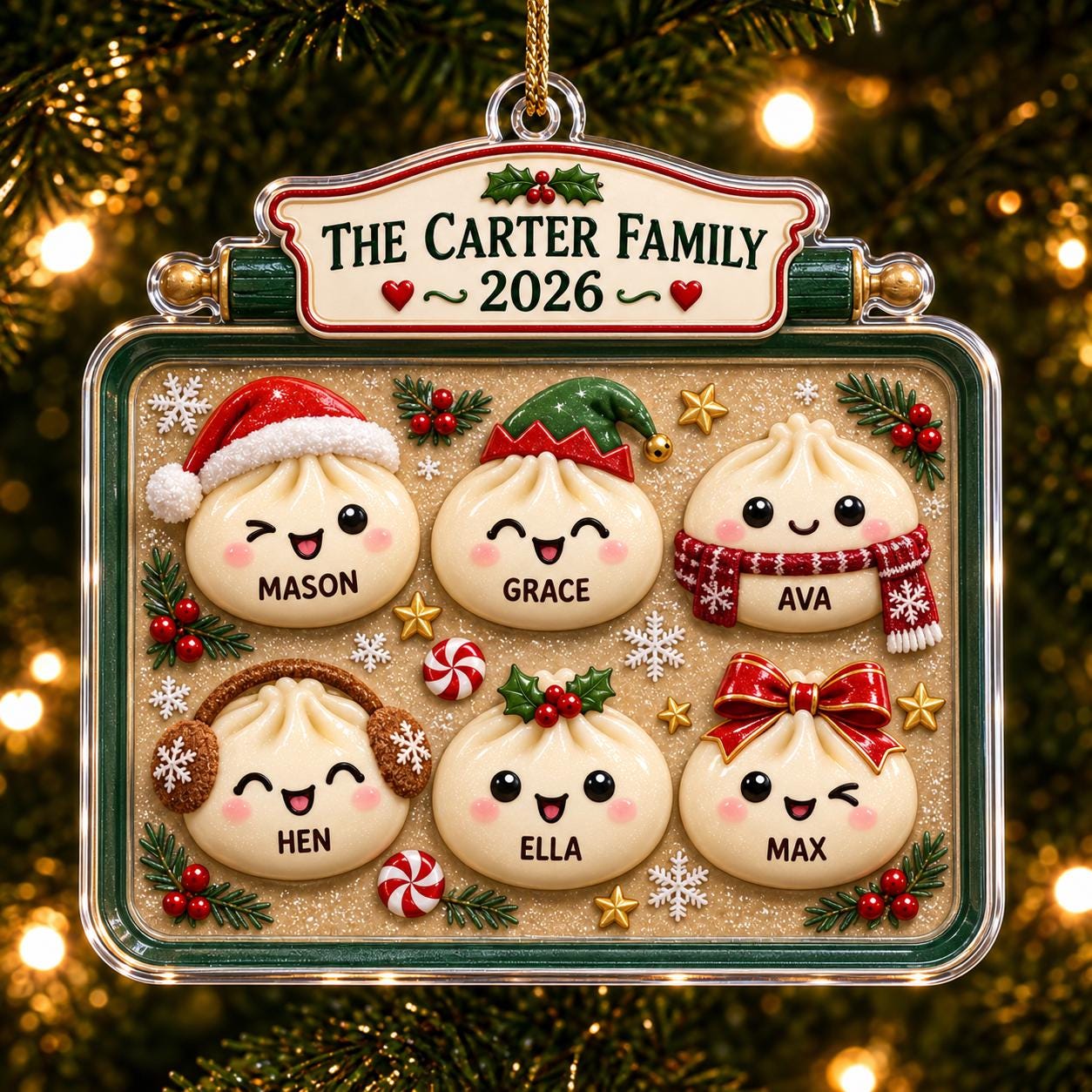 Personalized Dumpling Family Acrylic Ornament – Custom Names Christmas Ornament 2026 with Cute Family Tree Keepsake Holiday Gift