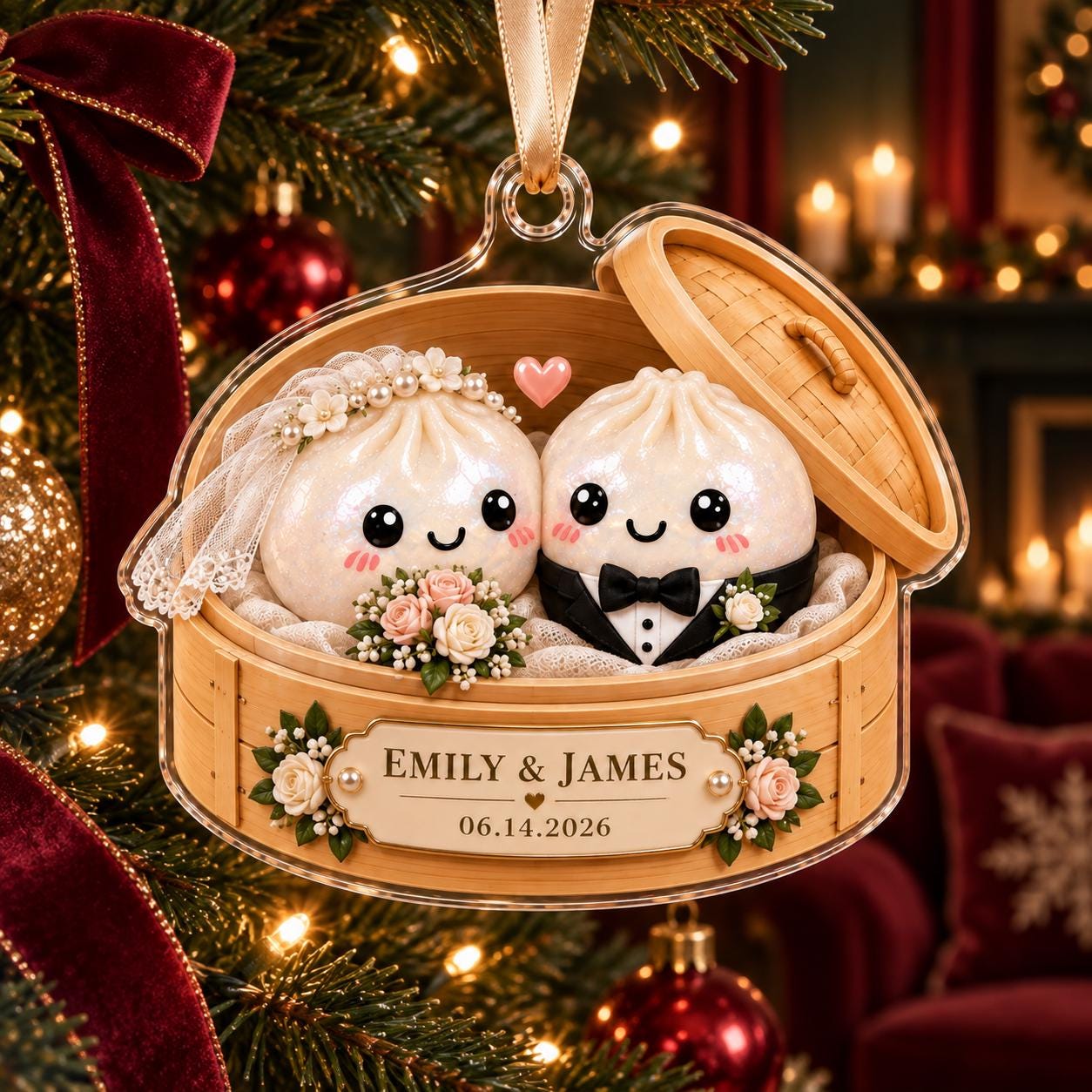 Personalized Wedding Acrylic Ornament – Bride and Groom Dumpling Christmas Ornament with Custom Couple Names and Date Newlywed Keepsake Gift