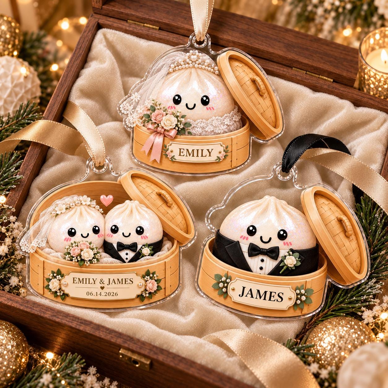 Personalized Wedding Acrylic Ornament – Bride and Groom Dumpling Christmas Ornament with Custom Couple Names and Date Newlywed Keepsake Gift - photo 2