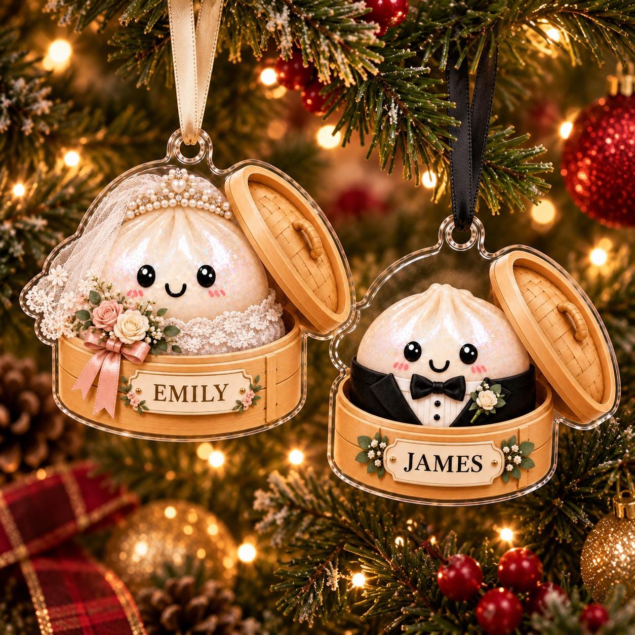 Personalized Wedding Acrylic Ornament – Bride and Groom Dumpling Christmas Ornament with Custom Couple Names and Date Newlywed Keepsake Gift - photo 3