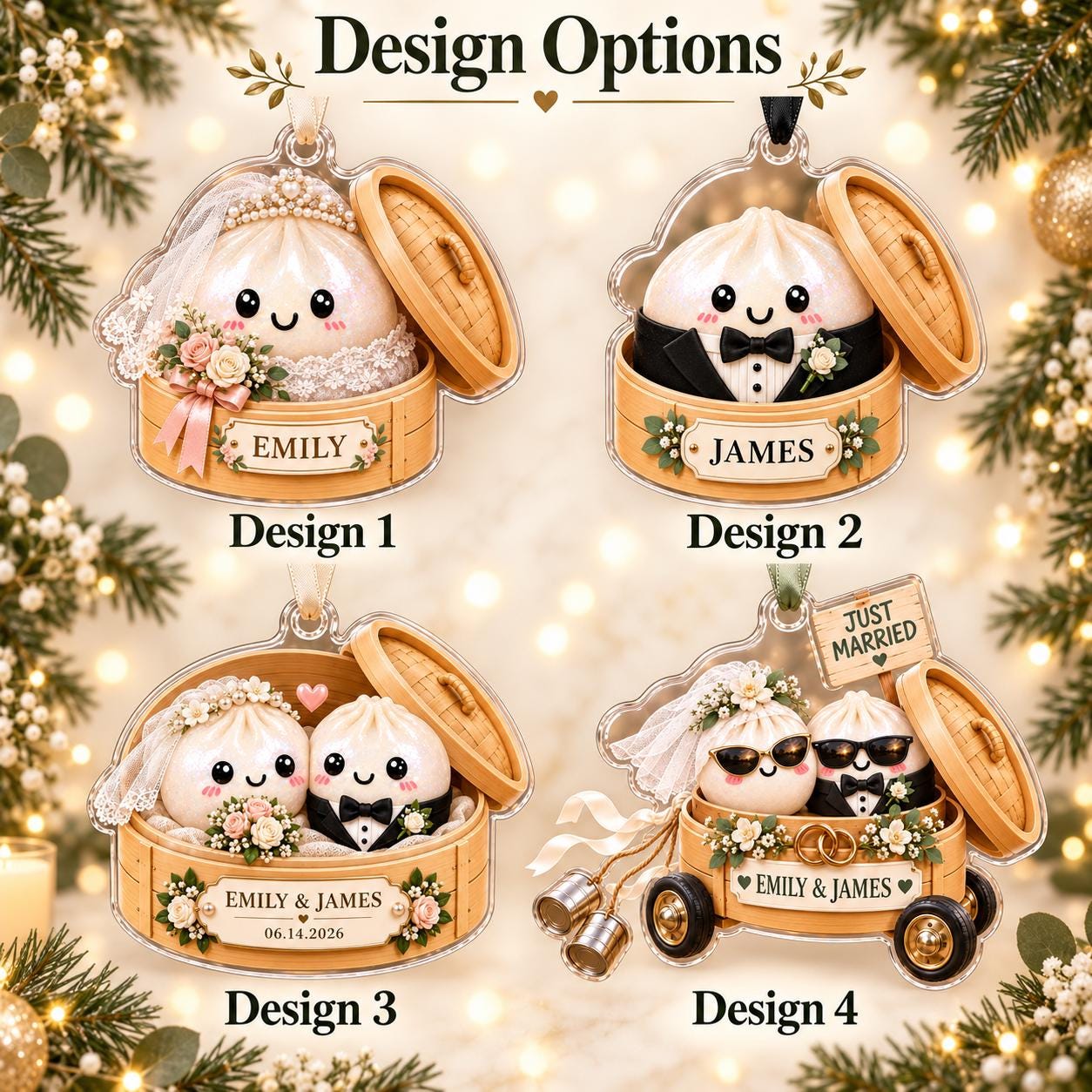 Personalized Wedding Acrylic Ornament – Bride and Groom Dumpling Christmas Ornament with Custom Couple Names and Date Newlywed Keepsake Gift - photo 4