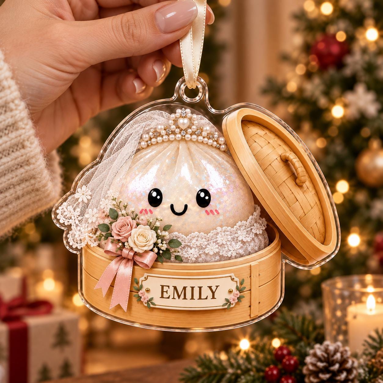 Personalized Wedding Acrylic Ornament – Bride and Groom Dumpling Christmas Ornament with Custom Couple Names and Date Newlywed Keepsake Gift - photo 5