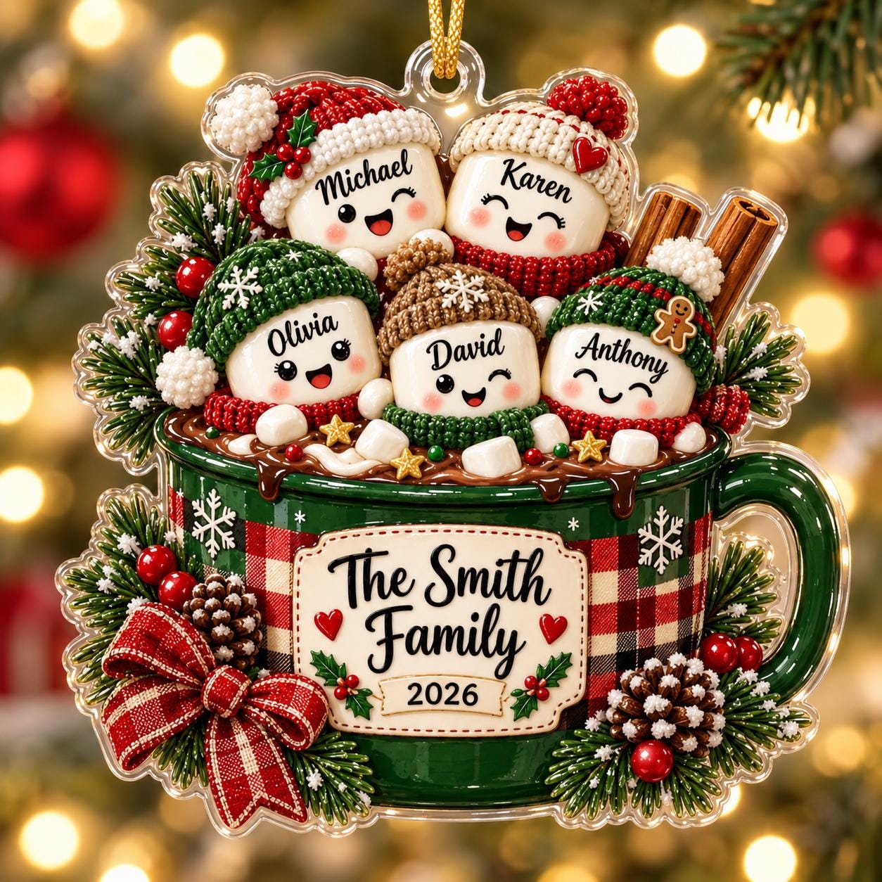 Personalized Family Acrylic Ornament – Hot Cocoa Marshmallow Christmas Ornament 2026 with Custom Family Names Keepsake Holiday Tree Gift