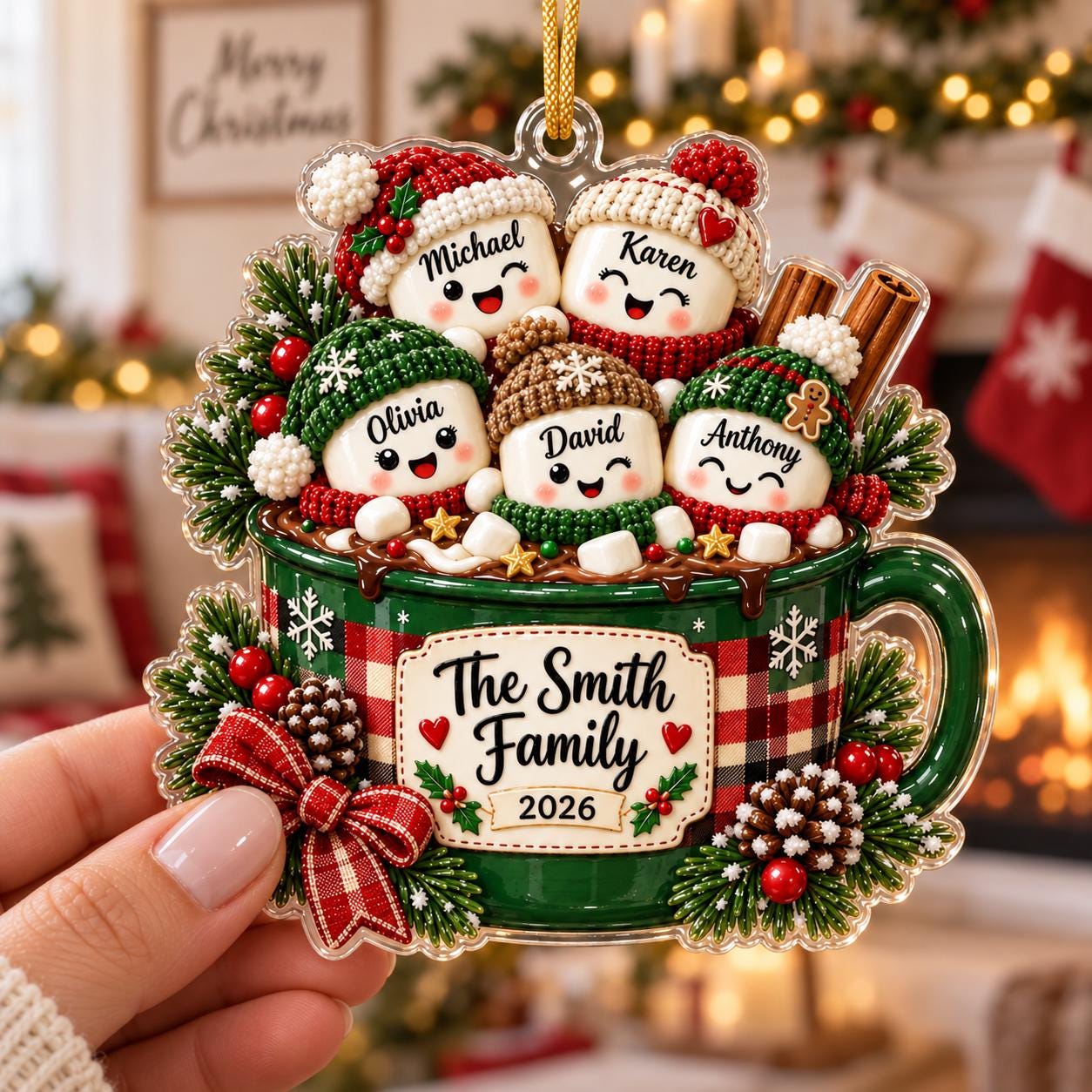 Personalized Family Acrylic Ornament – Hot Cocoa Marshmallow Christmas Ornament 2026 with Custom Family Names Keepsake Holiday Tree Gift - photo 2