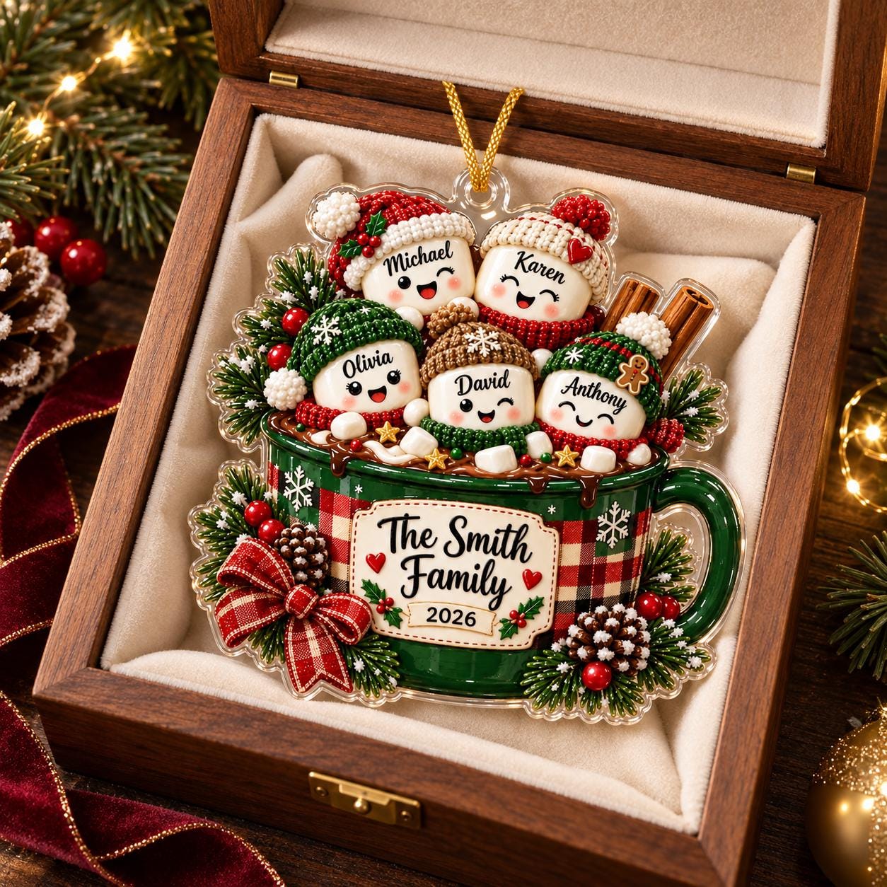 Personalized Family Acrylic Ornament – Hot Cocoa Marshmallow Christmas Ornament 2026 with Custom Family Names Keepsake Holiday Tree Gift - photo 3
