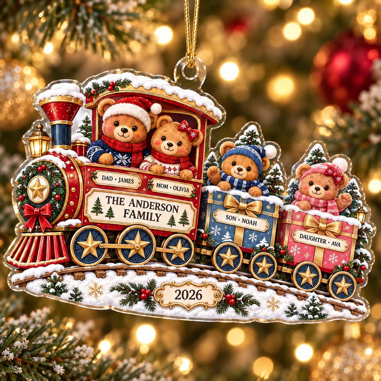 Personalized Family Train Acrylic Ornament – Christmas Bear 2026 Custom Names Tree Holiday Keepsake Gift