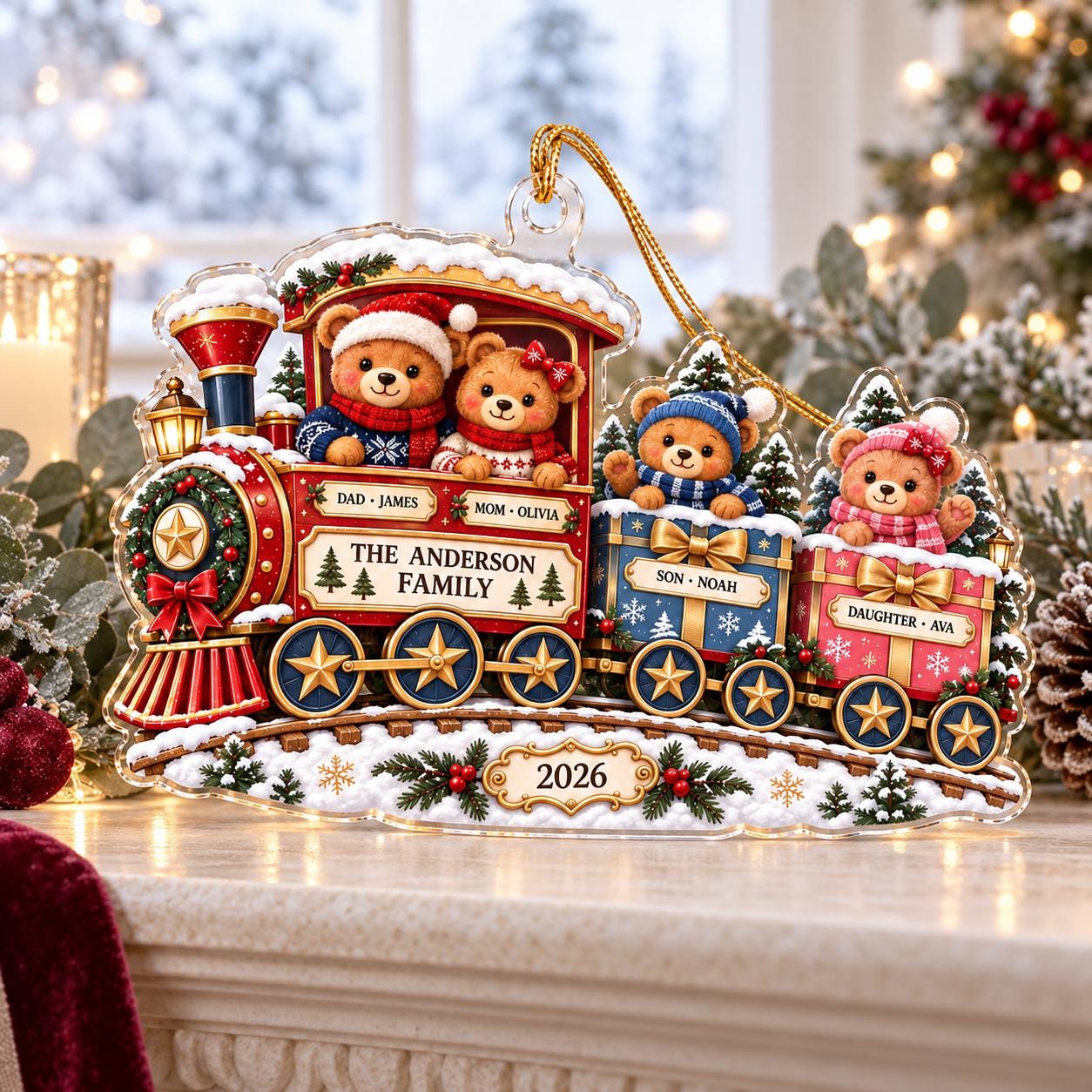 Personalized Family Train Acrylic Ornament – Christmas Bear 2026 Custom Names Tree Holiday Keepsake Gift - photo 2