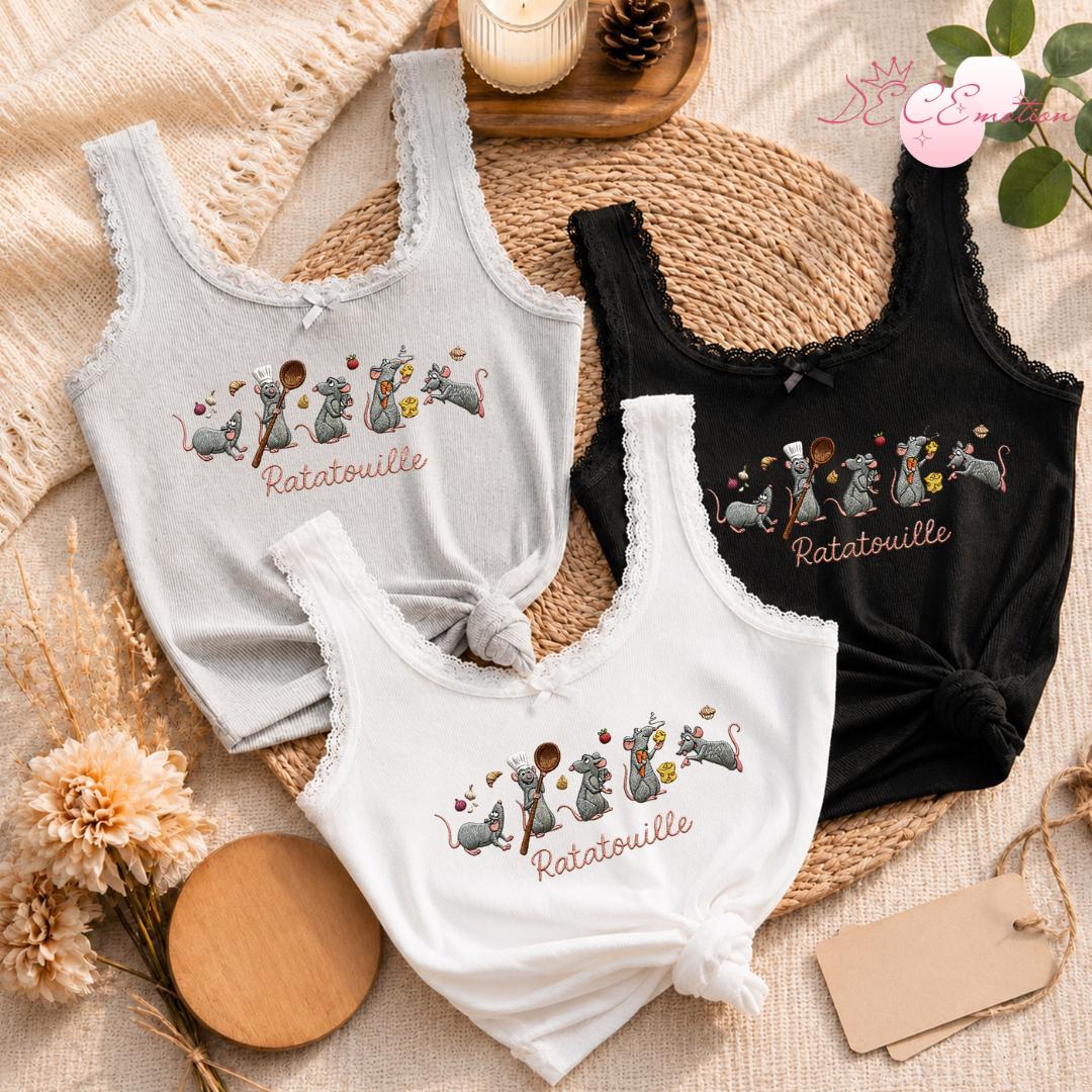 Embroidered Disney Ratatouille Little Chef Remy Baby Tee Crop Tank – Anyone Can Cook Gusteau's Paris Lace Trim Tank Top