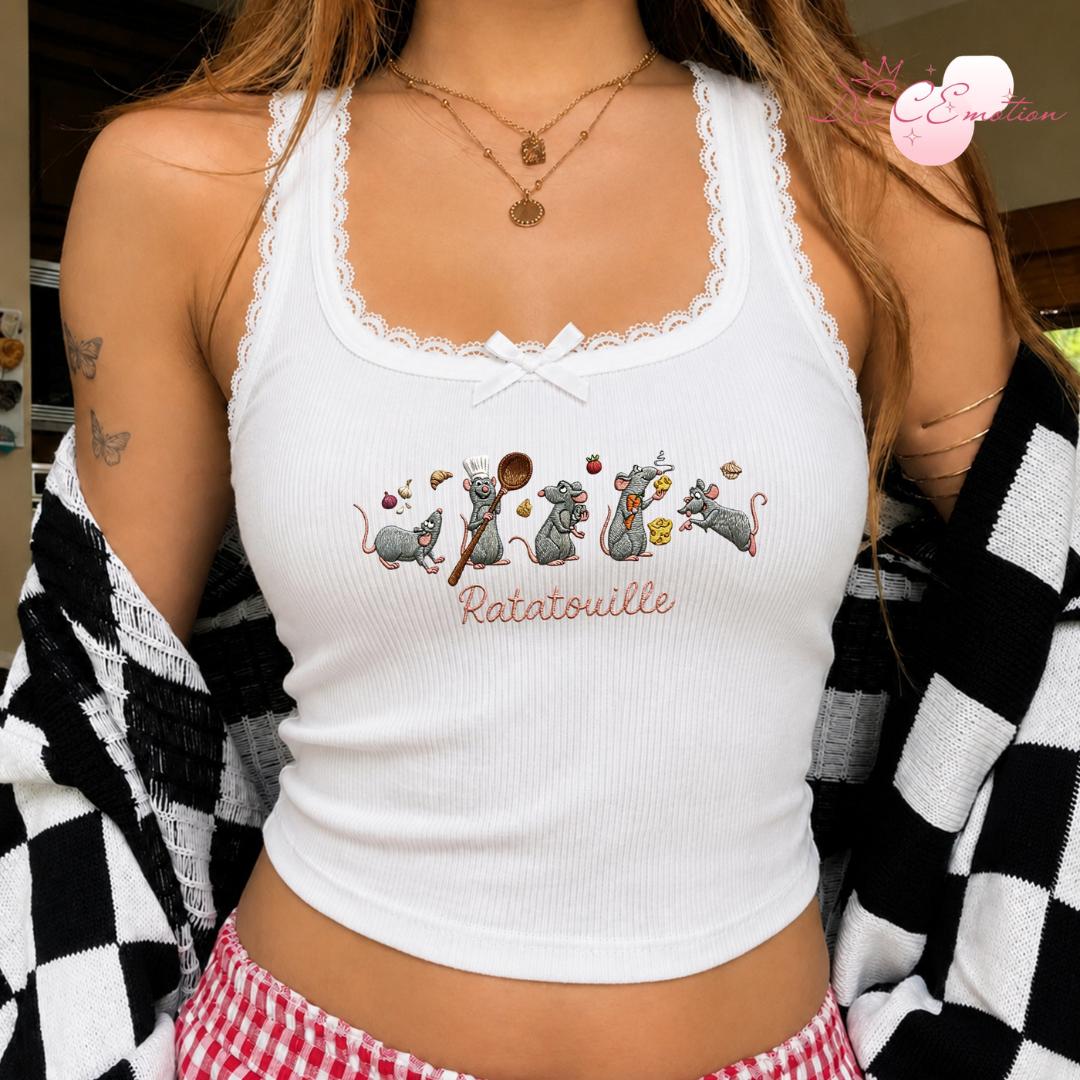 Embroidered Disney Ratatouille Little Chef Remy Baby Tee Crop Tank – Anyone Can Cook Gusteau's Paris Lace Trim Tank Top - photo 3