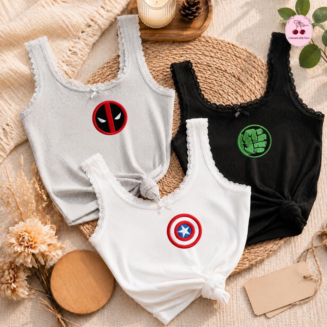 Embroidered Disney Marvel Avengers Shirt with Spiderman Iron Man Captain America – MCU Superhero Lace Trim Tank Top Baby Tee Crop Tank