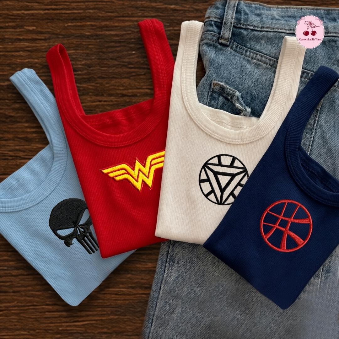 Embroidered Disney Marvel Avengers Shirt with Spiderman Iron Man Captain America – MCU Superhero Lace Trim Tank Top Baby Tee Crop Tank - photo 3