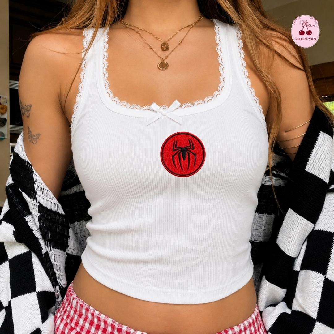Embroidered Disney Marvel Avengers Shirt with Spiderman Iron Man Captain America – MCU Superhero Lace Trim Tank Top Baby Tee Crop Tank - photo 4