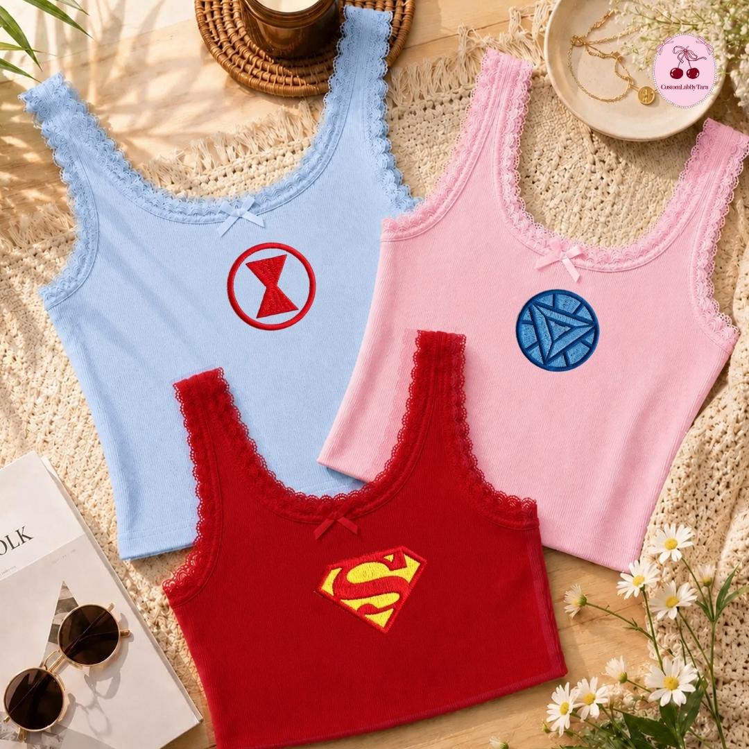 Embroidered Disney Marvel Avengers Shirt with Spiderman Iron Man Captain America – MCU Superhero Lace Trim Tank Top Baby Tee Crop Tank - photo 8